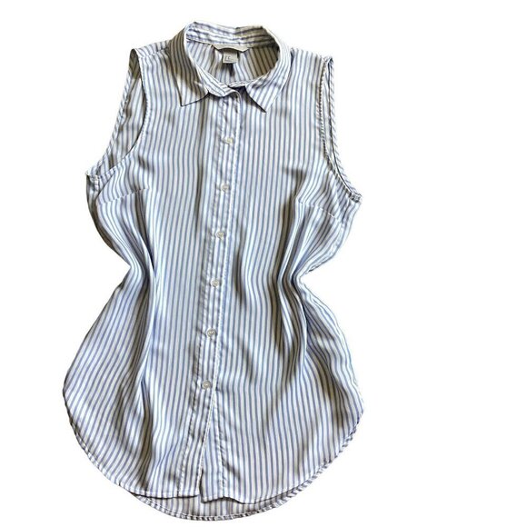 H&M Sz 8 Button-Up Collared Tunic Top Blue & White Striped 55P - Picture 1 of 8